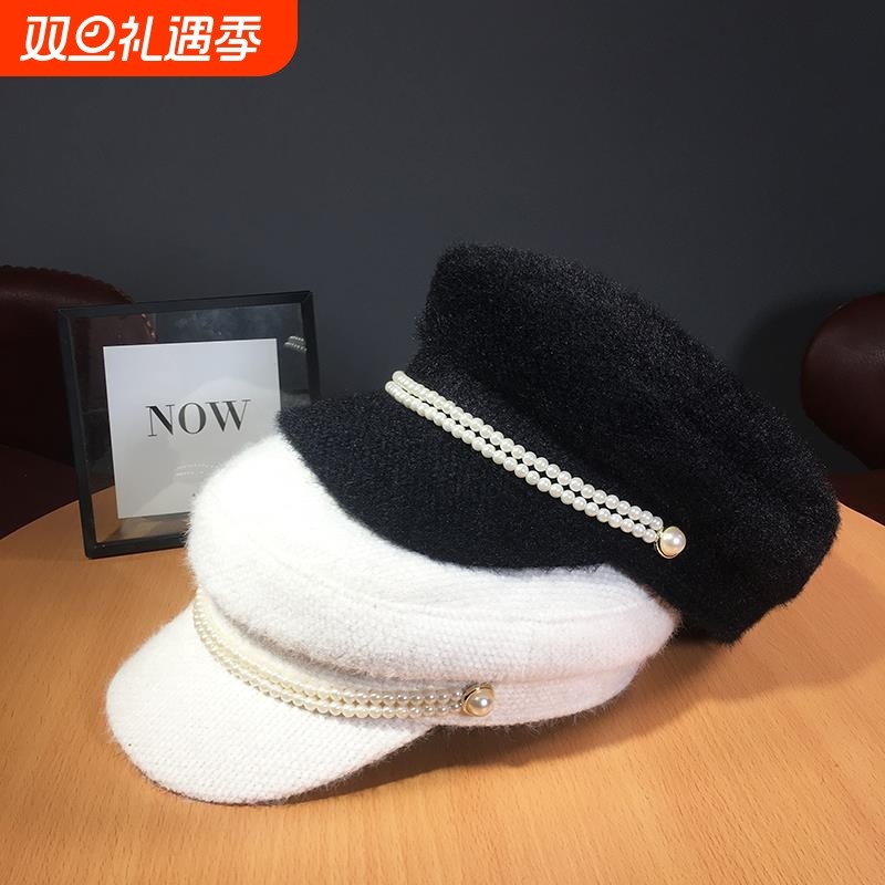 帽子女秋冬季韩版时尚百搭仿貂绒八角贝雷帽网红马海毛平顶海军帽