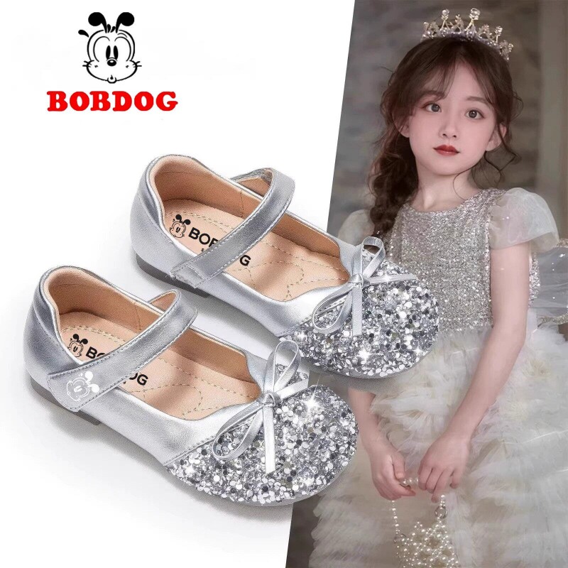 巴布豆女童水晶鞋配裙子公主鞋2026小女孩单鞋软底皮鞋银色公主风
