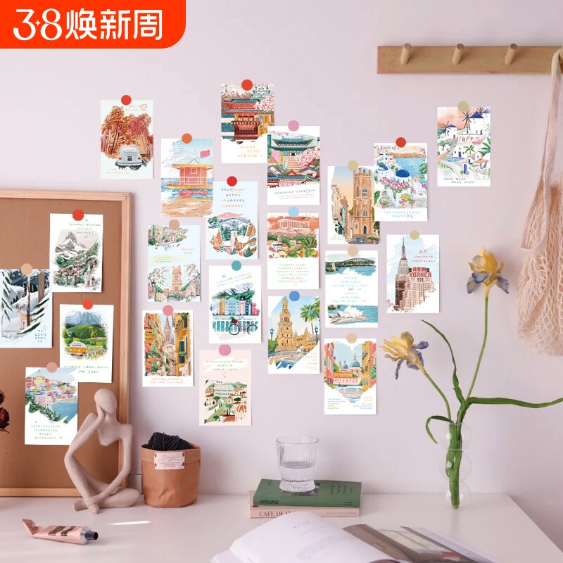 手绘世界风景明信片墙面ins风装饰卡片生日毕业留言贺卡浪漫小清新情调四季情书告白信笺