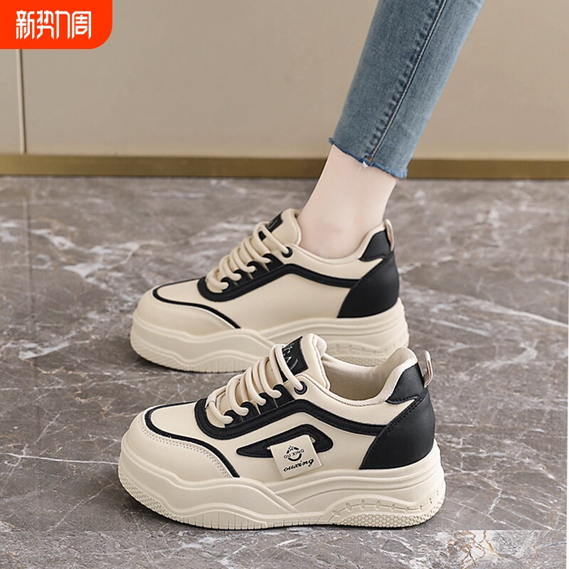 欧伦啄木鸟厚底板鞋女2026新款春季轻便防滑运动鞋真皮百搭松糕鞋