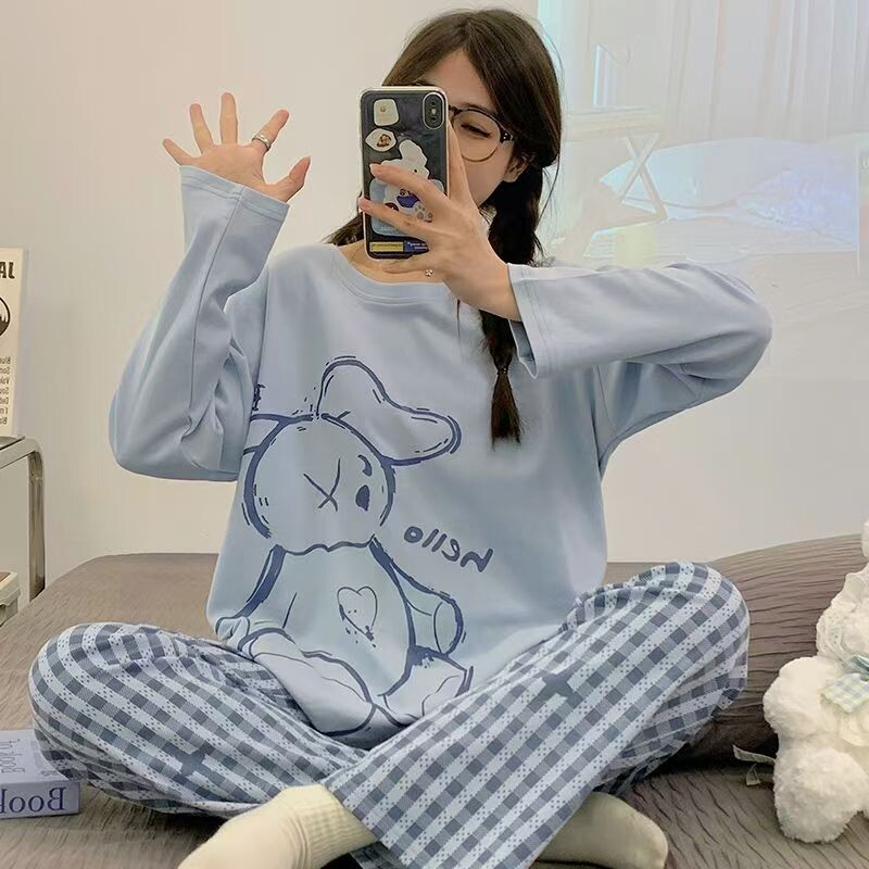 春秋季卡通圆领长袖长裤棉睡衣女冬季韩版休闲少女士带胸垫套装