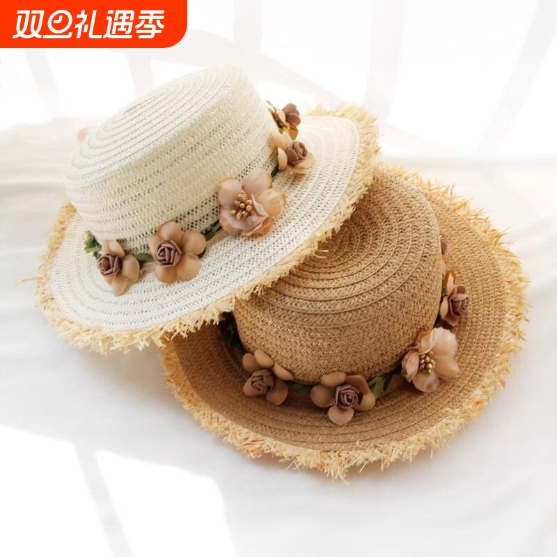 女子平顶草帽田园风沙滩帽女小清新法式海边拍照帽出游遮阳防晒帽