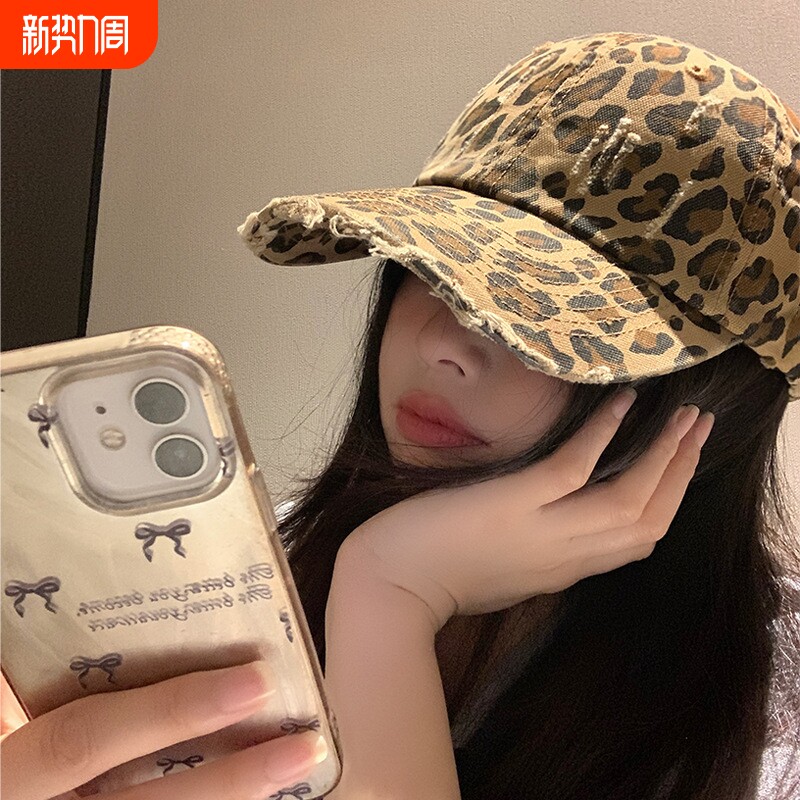 美式复古豹纹做旧棒球帽子女春夏磨毛软顶y2k显脸小ins辣妹鸭舌