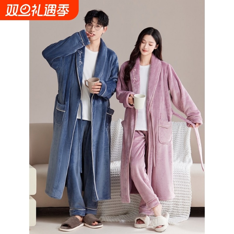 红豆秋冬季法兰绒浴袍男加绒加厚珊瑚绒睡袍女长款情侣睡衣家居服