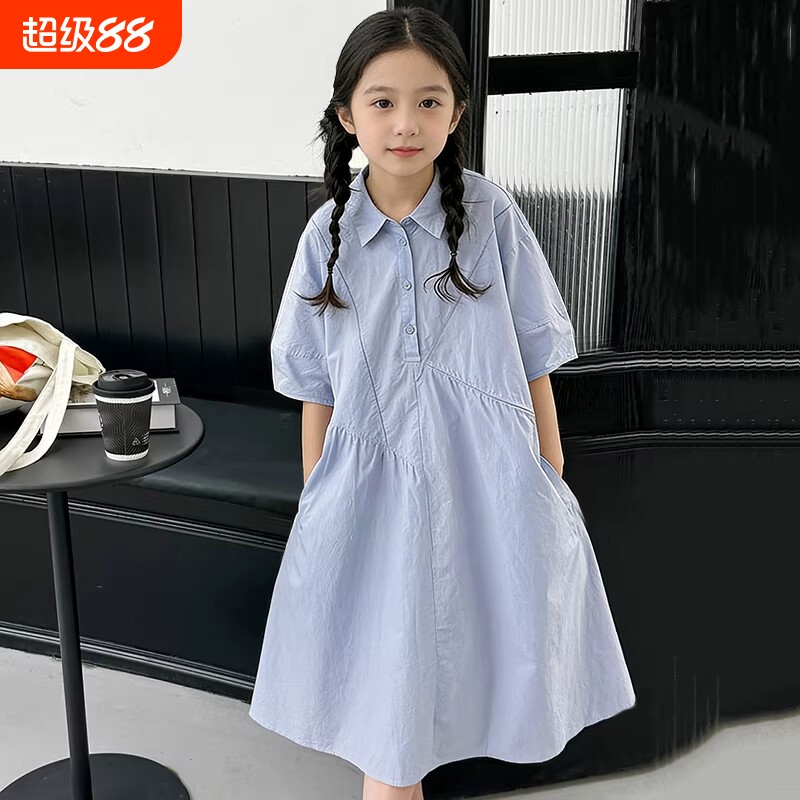 女童装连衣裙夏季2026新款中长款学院风韩版洋气中大童纯色公主裙