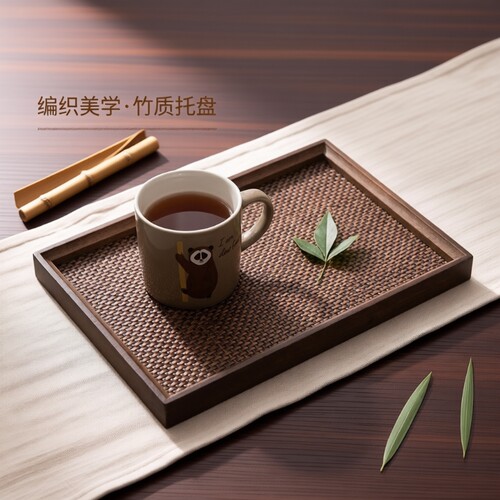 复古竹编编织托盘胡桃木色茶几餐盘家用桌面首饰玄关收纳盘长方形