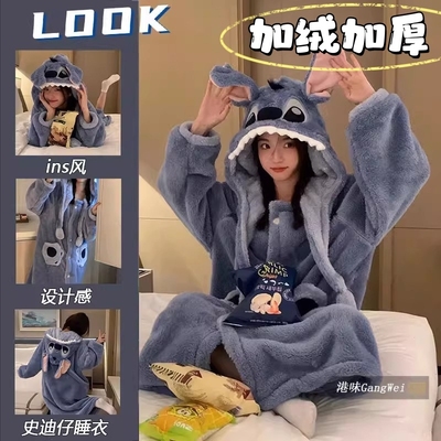 史迪仔睡衣2025冬季女睡袍男情侣浴袍可爱珊瑚绒加绒女款毛绒长袍