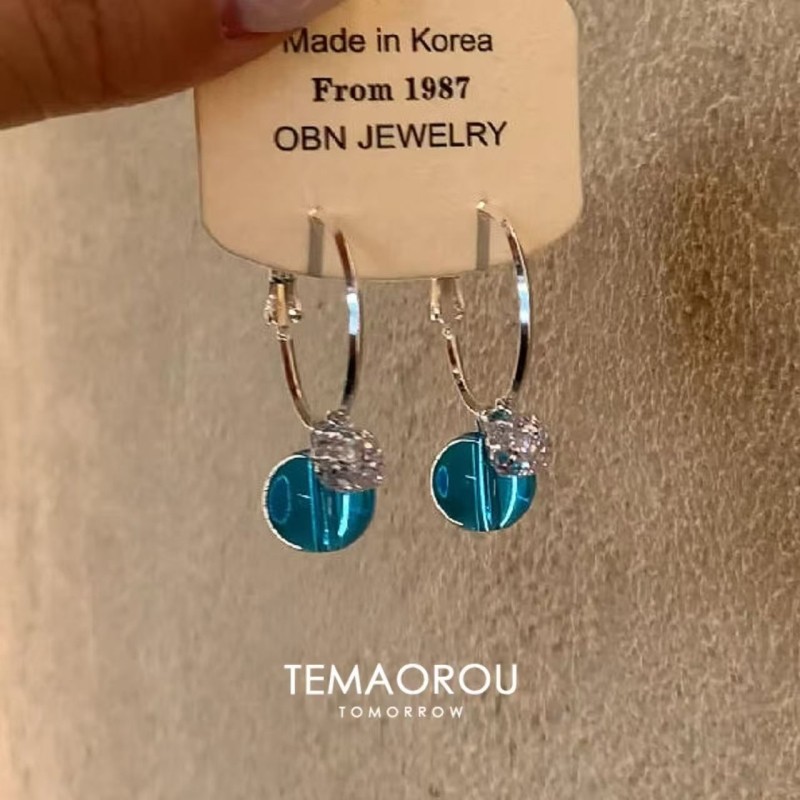 2025新款清透蓝色球球吊坠爆闪耳圈女款适合夏季的耳饰圈圈耳环