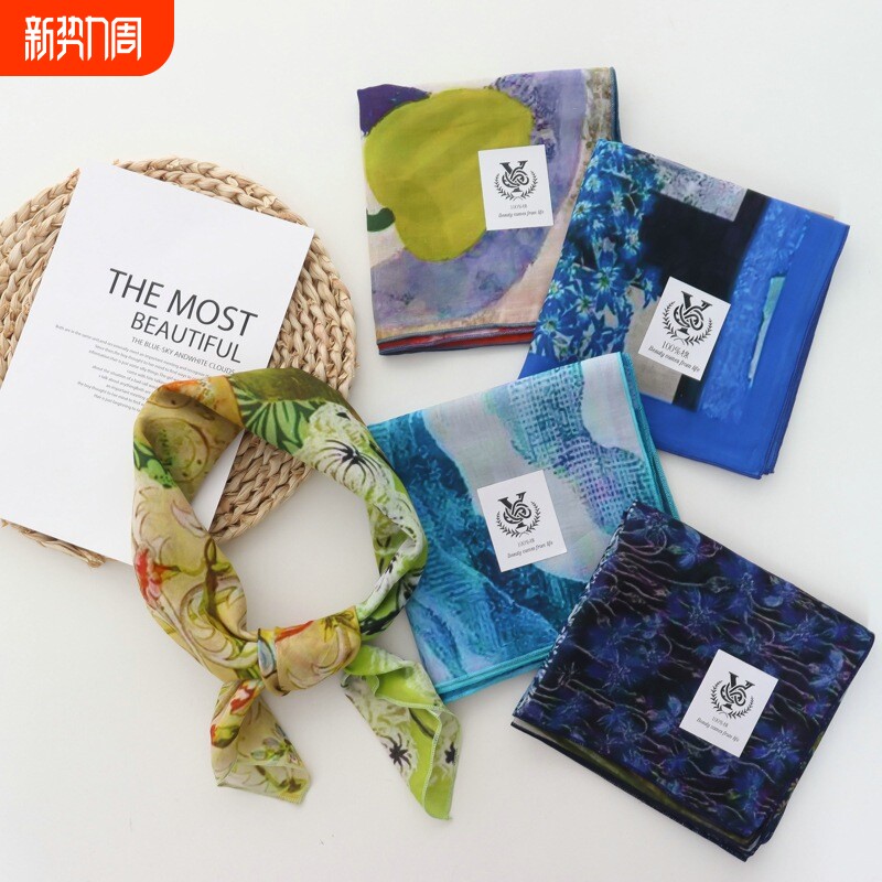 田园油画风全棉小方巾女2026春夏季新款时尚百搭丝巾装饰包头发带