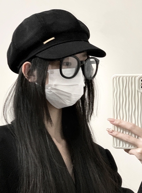 贝雷帽子女2026春夏季画家帽报童八角帽户外休闲宽檐可折叠黑色