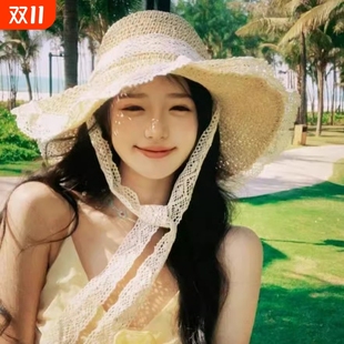 遮阳防晒草帽女士夏季 沙滩蕾丝边草编帽子大檐海边帽檐 2025新款