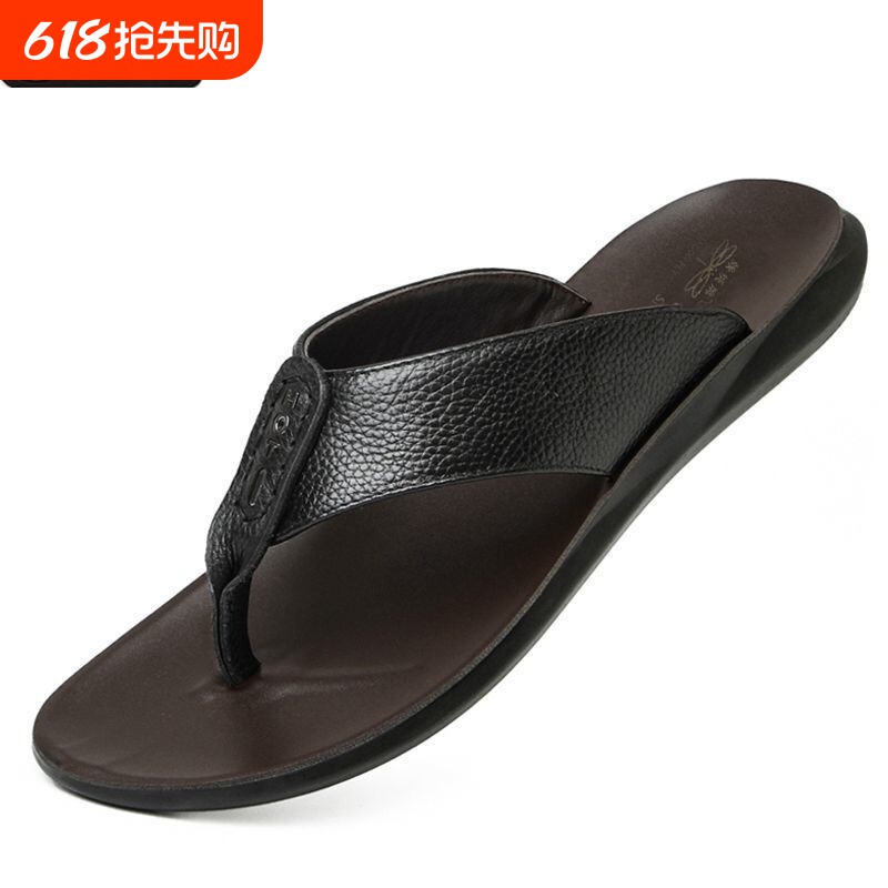 红蜻蜓新款男士沙滩鞋头层牛皮凉鞋防滑休闲外穿人字拖鞋真皮耐磨