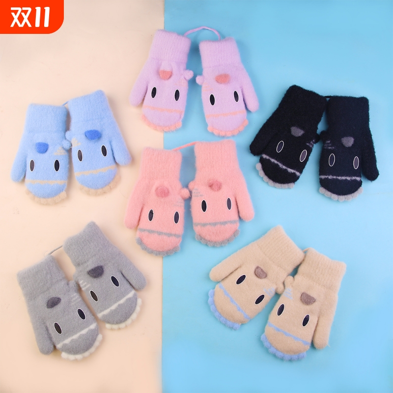 4-7岁全包手套秋冬男女童儿童宝宝保暖针织加绒加厚卡通可爱粉色