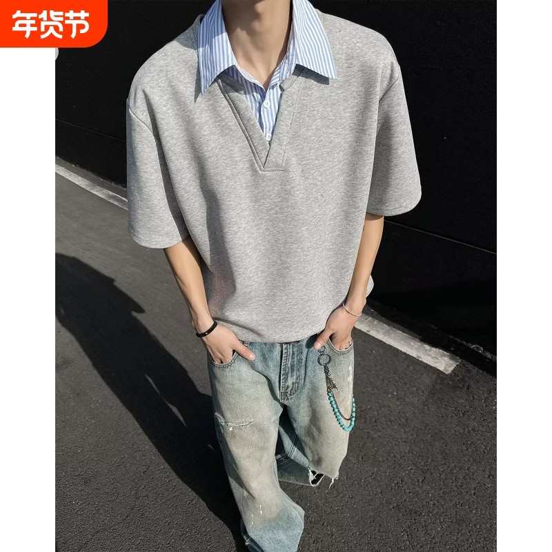 EXLUX小众设计感假两件t恤男潮牌拼接翻领短袖高级痞帅宽松半袖衫,运动服/休闲服装,运动POLO衫,淘宝优惠券,粉丝福利购,淘宝优惠卷