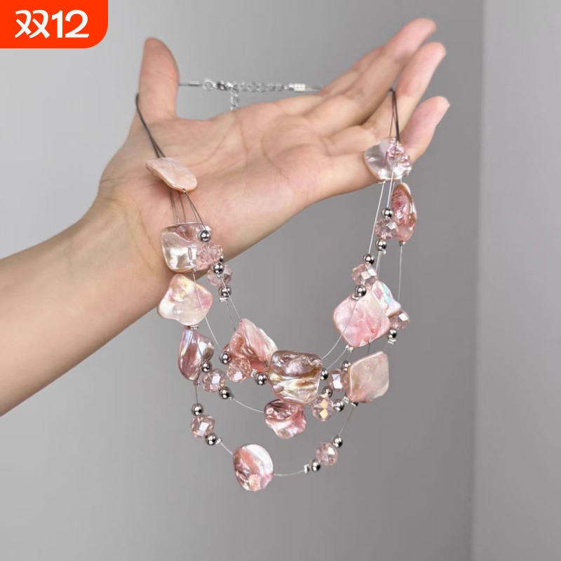 夸张碎石多层2025年项链女小众独特粉色不规则锁骨链叠戴新款法式