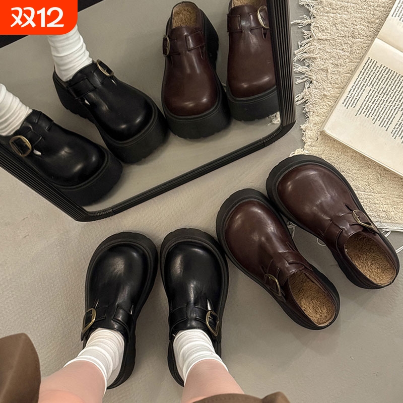 松糕厚底加绒包头半拖鞋女外穿秋冬新款保暖一脚蹬勃肯鞋黑色时尚