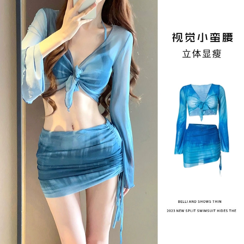 比基尼2024新款泳衣女高级感分体纯欲温泉四件套长袖性感度假泳装