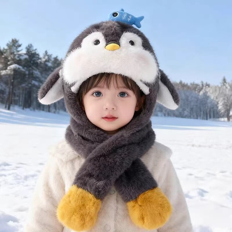 儿童企鹅造型毛绒帽子围巾一体冬季保暖宝宝防风耳朵会动男女童厚