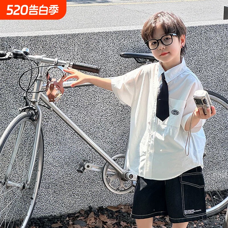 男童衬衫短袖夏季2026新款儿童学院风领带白衬衣纯棉男孩夏装上衣