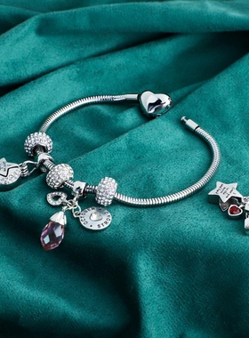 欧美潘粉色多拉手链情侣水晶手链女时尚串珠DIY镶钻手串ins手环厂