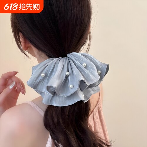 2026春夏新款发圈流光褶皱珍珠大肠高端大号发饰女蓝色白色黑色