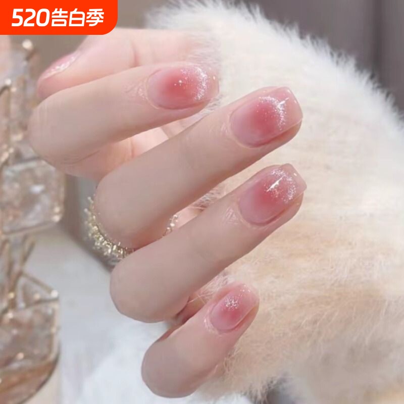 法式腮红猫眼短款穿戴甲美甲贴片时尚气质假指甲片可秋冬烟花绿色