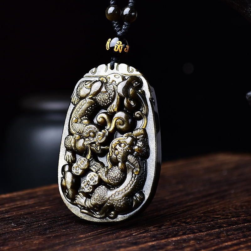 厂家直供双貔貅吊坠男天然黑曜石貔貅项链女项坠金曜石貔貅挂坠