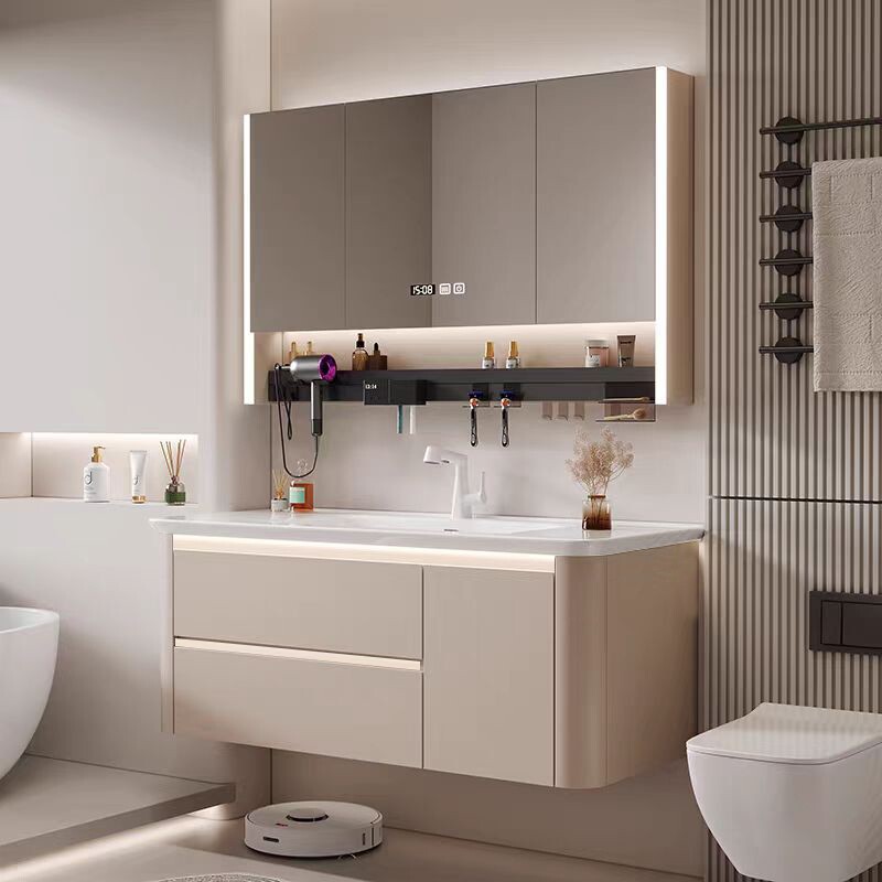 浴室柜氛围灯双抽屉洗脸盆柜组合一体洗漱台风陶瓷奶油蜂窝太空铝