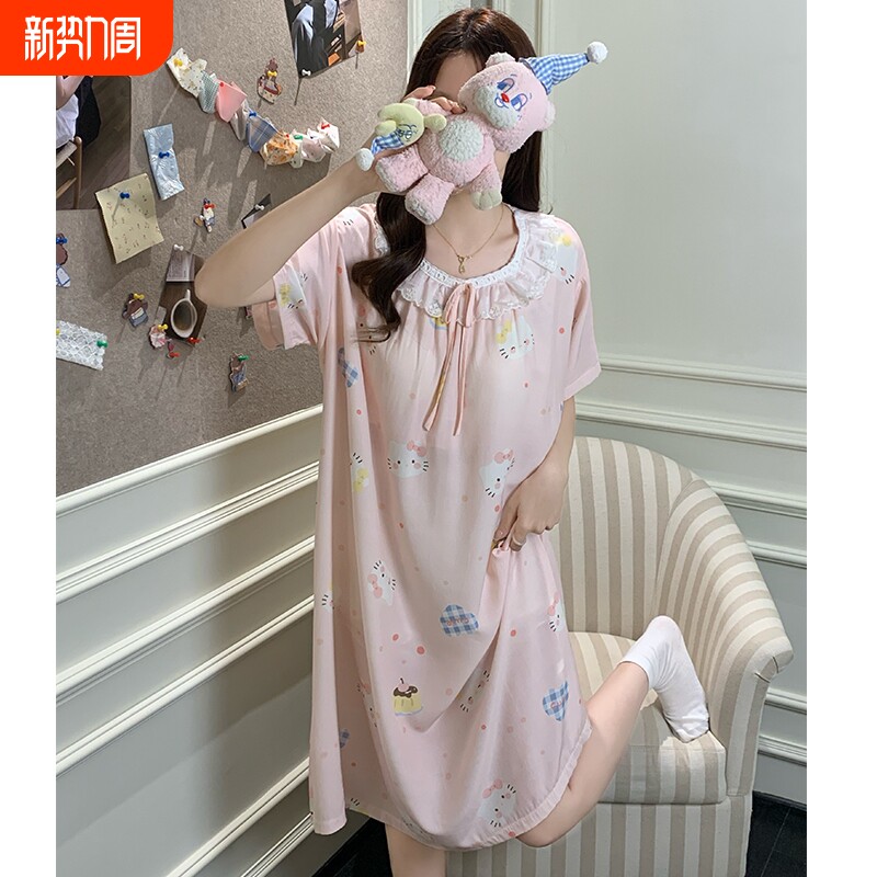 带胸垫云朵棉睡裙女夏季蕾丝甜美少女短袖中长裙可爱风棉绸家居服