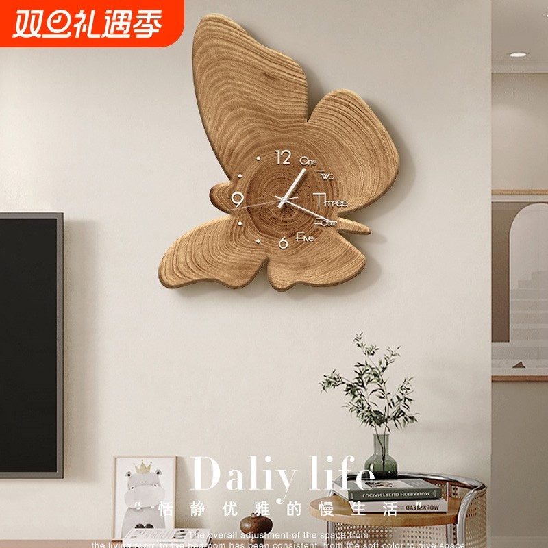 侘寂风客厅装饰画挂钟原木风电视背景墙钟表时钟挂墙复古艺术挂画