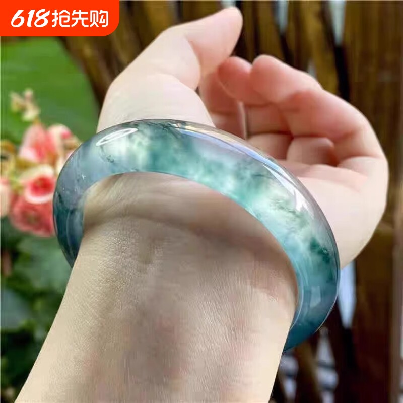 女款天然飘花冰种和田玉手镯金丝玉翡翠色玉手镯正品新疆玉髓镯子