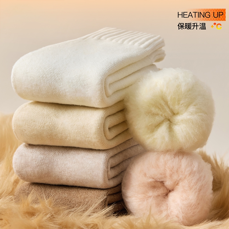 加绒加厚保暖女士羊绒中长筒袜