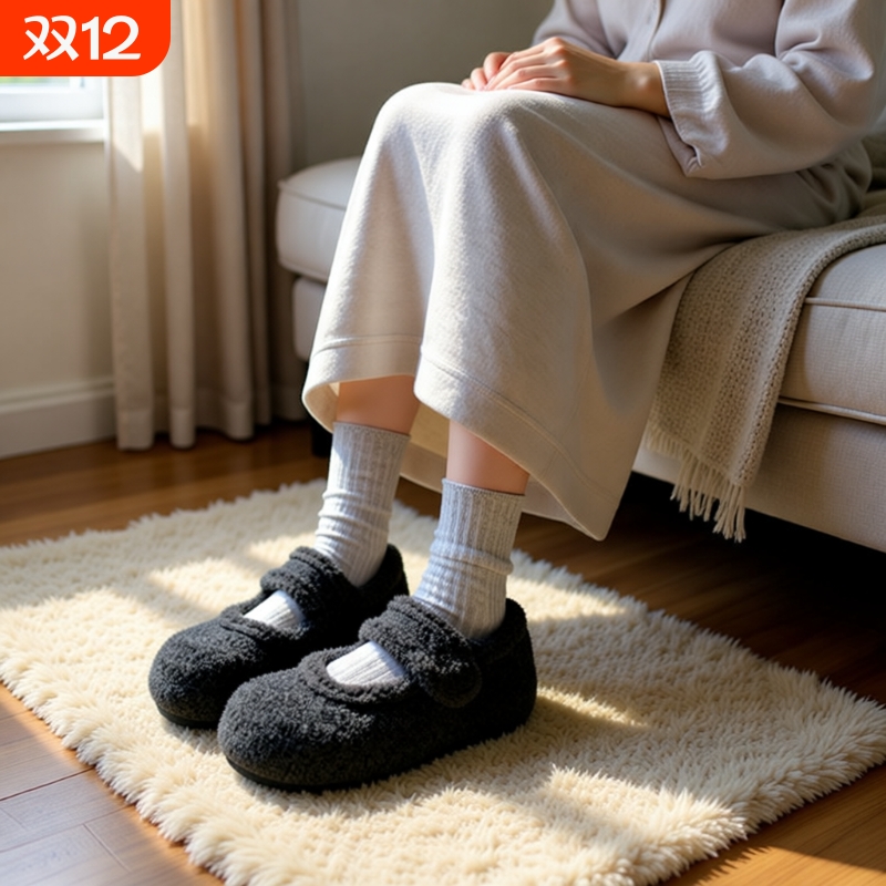 加绒玛丽珍鞋女冬毛毛鞋2025年新款内增高毛呢料配大衣勃肯棉鞋子