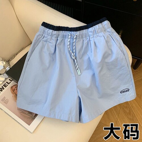 字母刺绣抽绳休闲裤夏季韩版宽松阔腿女短裤洋气女款百搭大码胖MM
