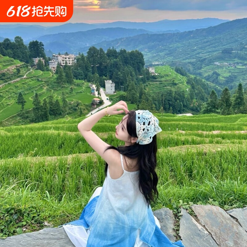 2026新款田园头巾三角巾女旅游镂空发带头饰海边三角形扎染川西