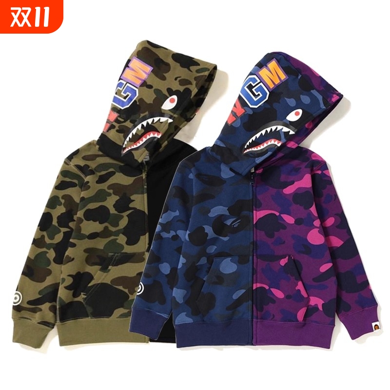 童装潮牌APE连帽卫衣开衫SHARKBAPE猿人迷彩外套亲子装冬红色鲨鱼