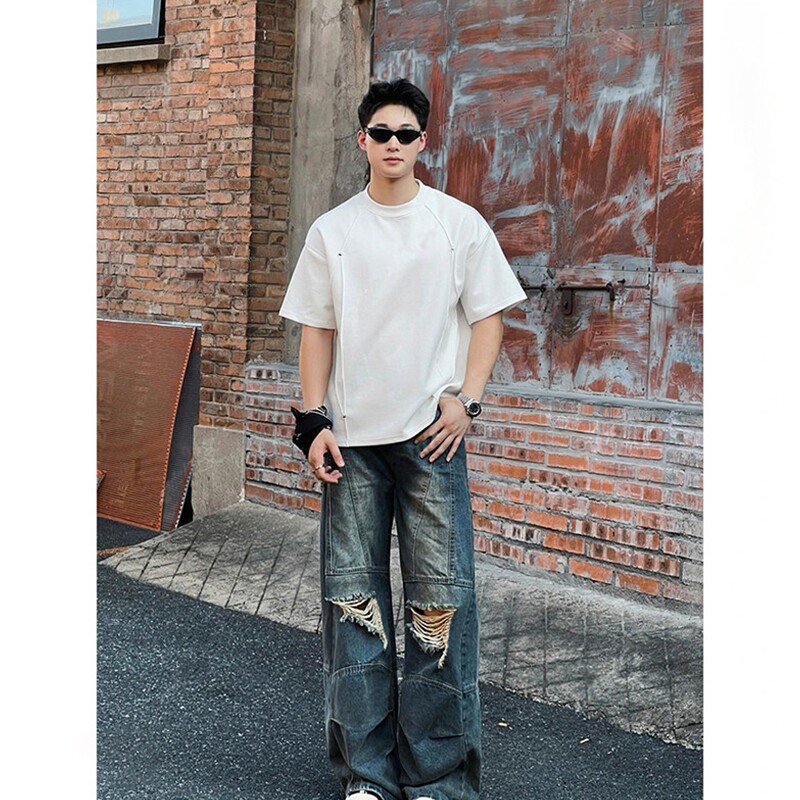 2026夏季新款立体压褶铆钉空气层凉感休闲男士短袖T恤白色黑色