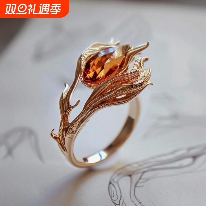 火焰凤凰之环芬达石色橙锆石戒指女小众设计古法花丝碧玺彩宝钻戒