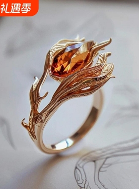 火焰凤凰之环芬达石色橙锆石戒指女小众设计古法花丝碧玺彩宝钻戒
