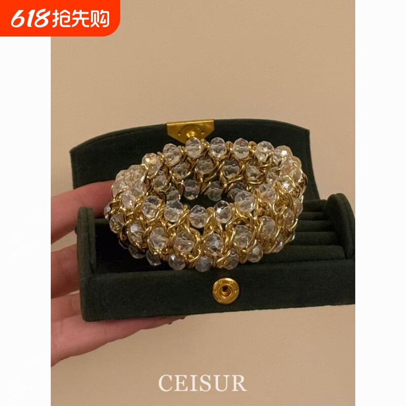 中古vintage个性夸张宽版锆石链条编织手镯时尚气质轻奢高级手