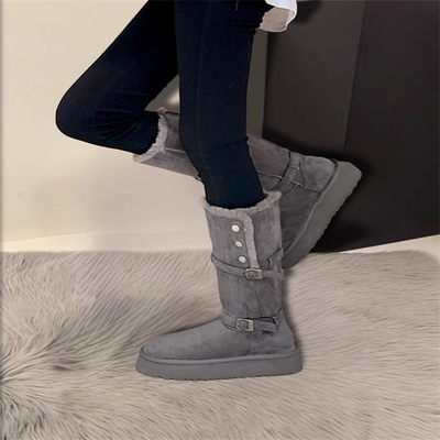 小个子长筒靴女2025新款秋冬女鞋灰色加绒保暖棉靴雪地内增高高筒