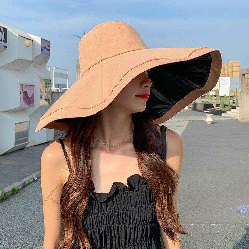 日本黑胶防晒帽子女夏天超大檐防紫外线遮阳帽可折叠渔夫帽