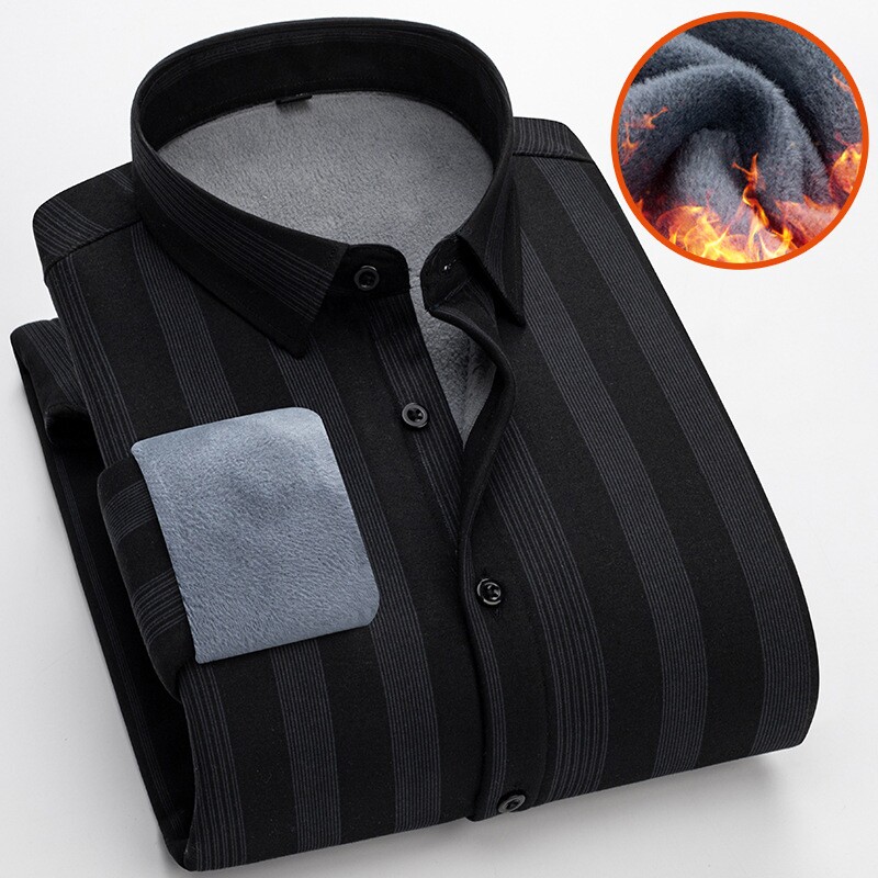 冬季加绒保暖加厚年秋装新款纯棉男士长袖衬衫商务休闲黑白竖条纹