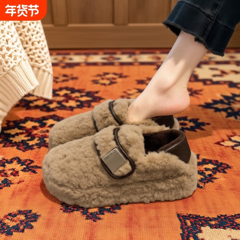 羊羔绒毛毛鞋女2025新款秋冬厚底魔术贴加绒保暖一脚蹬豆豆鞋平底,女鞋,毛毛鞋,淘宝优惠券,粉丝福利购,淘宝优惠卷