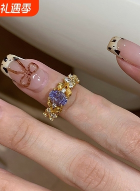 法式复古镶钻拉丝紫荆花戒指女小众时尚高级感气质精致开口食指环