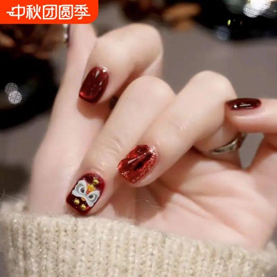手工儿童美甲穿戴甲高级感短款红色醒狮满钻假指甲贴片2026年新款