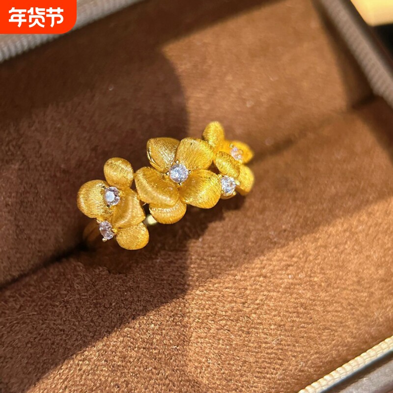 新中式金色手工拉丝锆石茉莉花戒指女小众设计轻奢高级感精美气质