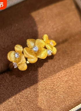 新中式金色手工拉丝锆石茉莉花戒指女小众设计轻奢高级感精美气质