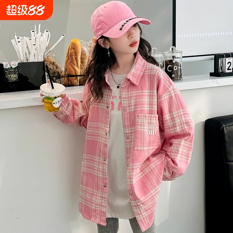 女童长袖衬衫2025春秋新款儿童韩版洋气时髦格子上衣秋装潮粉色