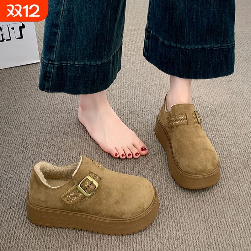 厚底加绒勃肯鞋女2025新款冬季一脚蹬乐福鞋雪地靴保暖棉鞋子防滑